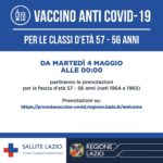 Vaccino: da domani nel Lazio prenotazione per 57enni e 56enni.