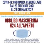 Regione Lazio: obbligo mascherine all’aperto h24 fino al 23 gennaio.